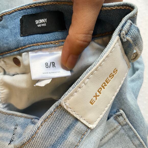 Express Women Skinny Jeans size 8/R Light Blue Mid Rise Stretch Frayed - Picture 10 of 13